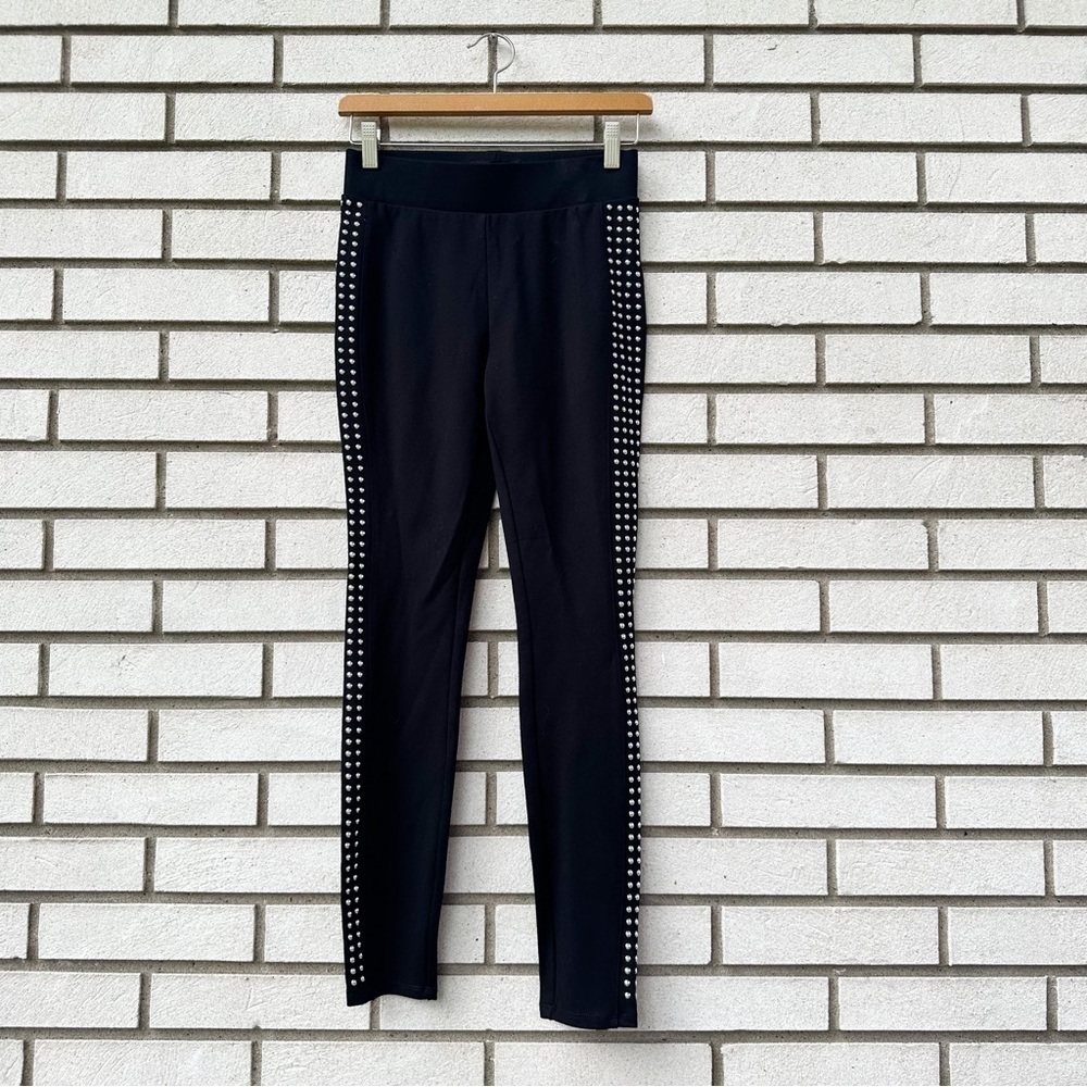 Catherine Malandrino Black Studded Legging Pants Silver Side Studs Pull On XS